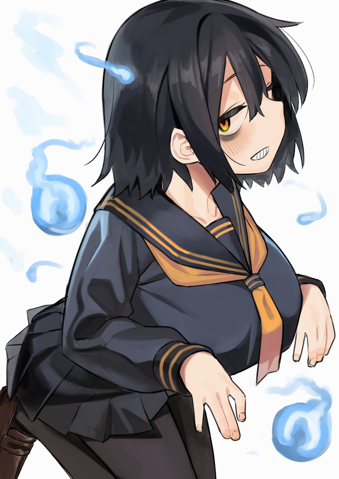 1girl, bags_under_eyes, black_hair, black_pantyhose, black_serafuku, blush, borrowed_character, breasts