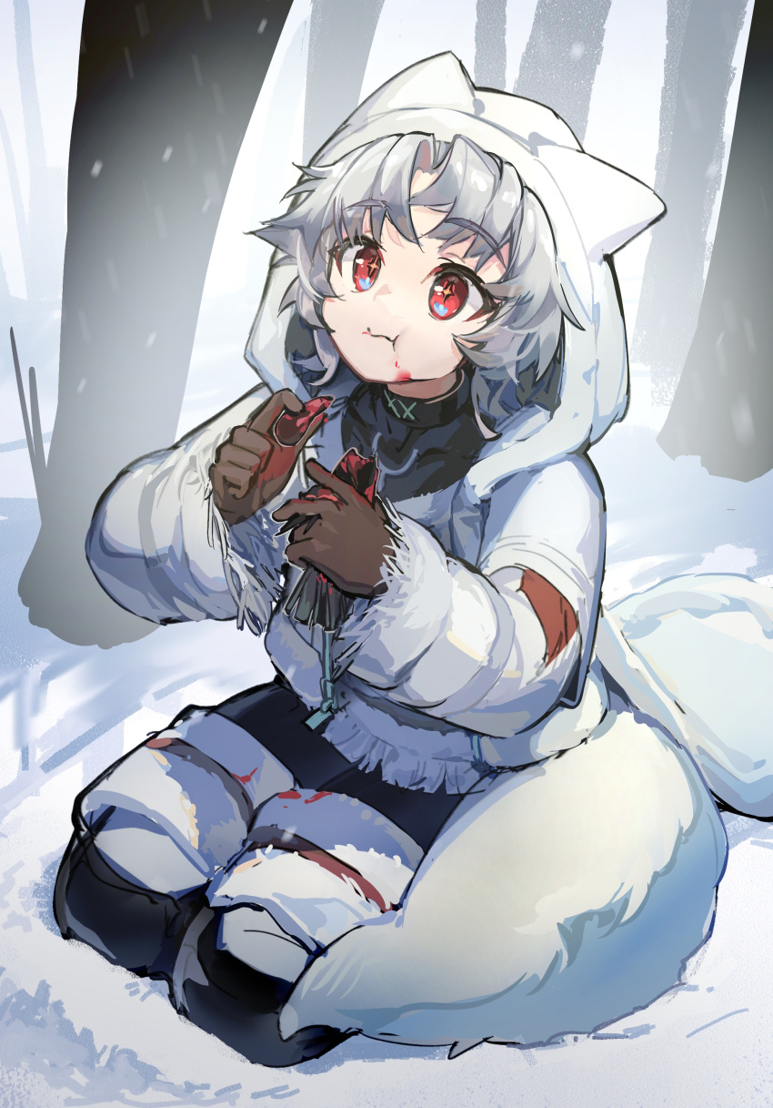 1boy, absurdres, animal_ears, arknights, bishounen, black_gloves, eating, fox_boy