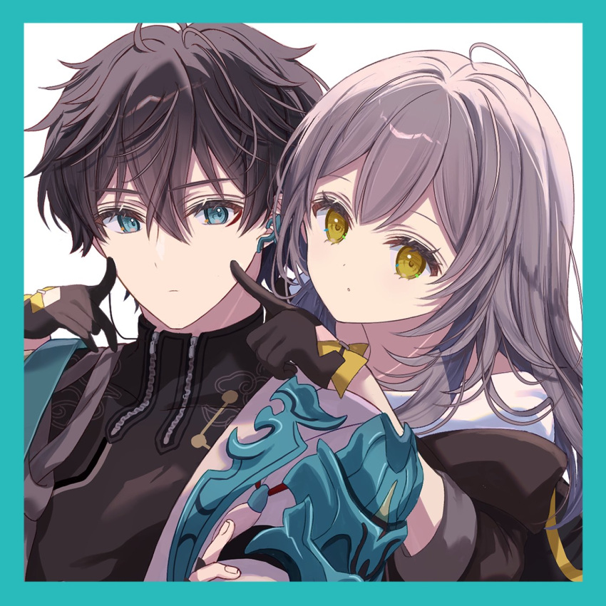 1boy, 1girl, black_gloves, black_hair, black_shirt, closed_mouth, couple, dan_heng_(honkai:_star_rail)
