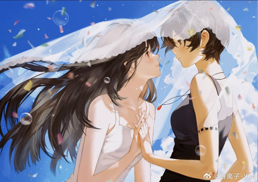 2girls, arm_tattoo, bare_arms, bare_shoulders, black_tank_top, blue_sky, brown_eyes, brown_hair