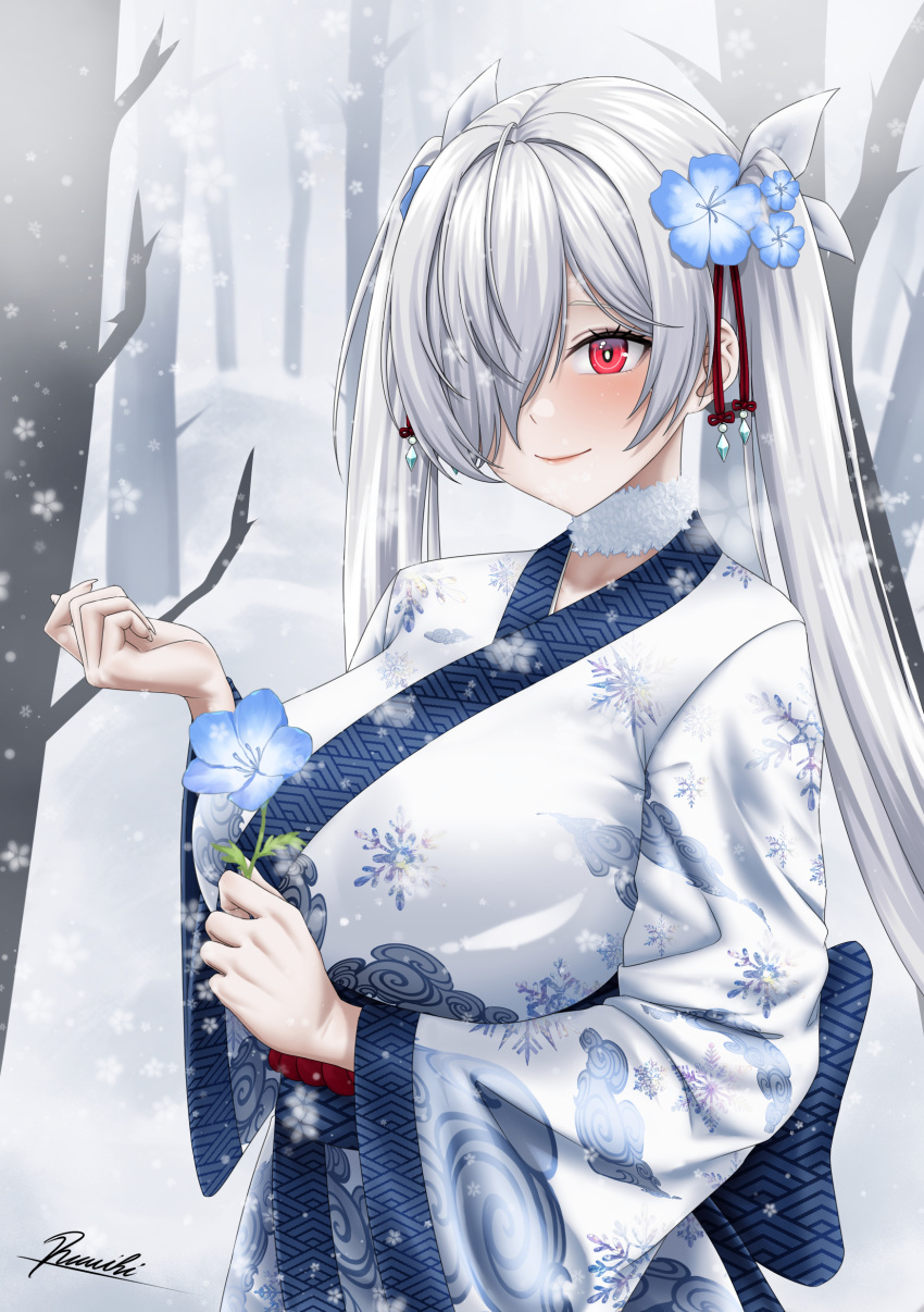 1girl, absurdres, alternate_costume, bare_tree, breasts, cinderella_(nikke), commission, flower