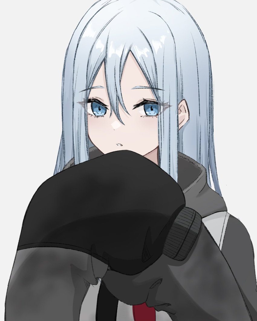 1girl, blue_eyes, blue_hair, blush, bow, grey_background, grey_hair, hair_between_eyes