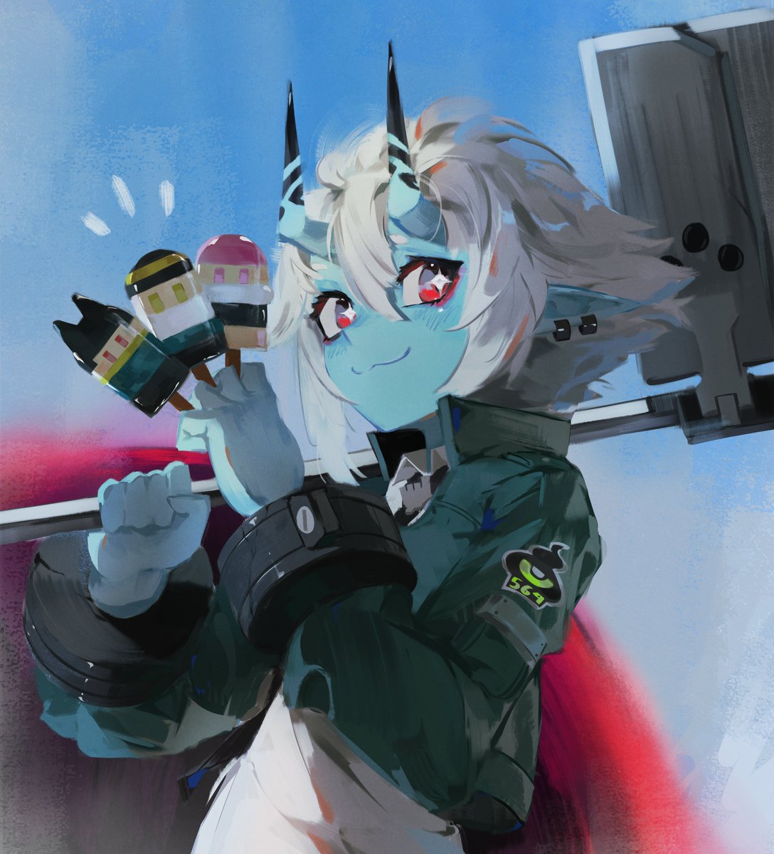 1girl, asaba_harumasa, blue_horns, blue_jacket, blue_oni, blue_skin, collared_shirt, colored_skin