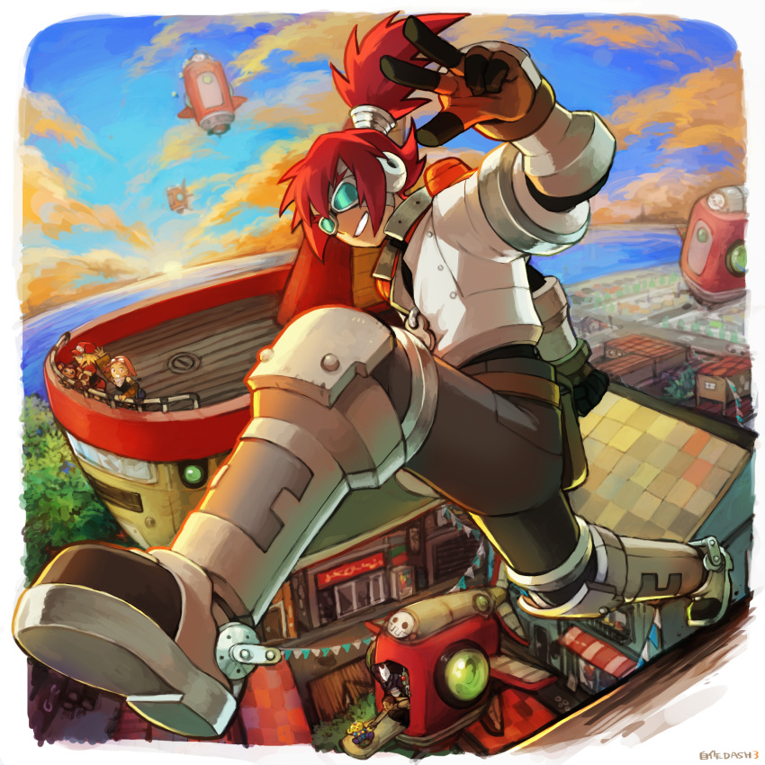 2boys, 2girls, aero_(mega_man), akaneko_(redakanekocat), barrett_(mega_man), blue_sky, boots, building
