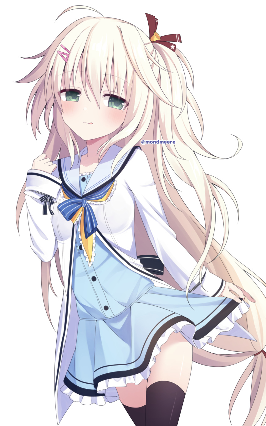 1girl, absurdres, ahoge, bell, black_ribbon, black_thighhighs, blue_bow, blue_bowtie