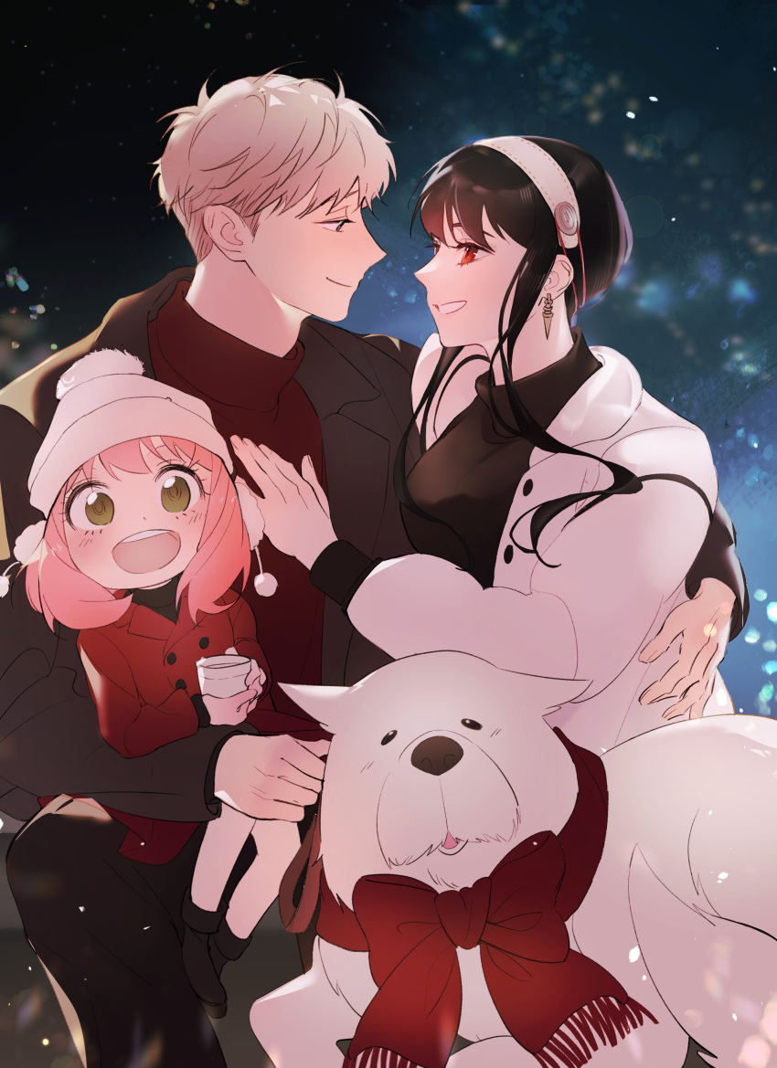 1boy, 2girls, absurdres, animal, anya_(spy_x_family), black_eyes, black_footwear, black_hair
