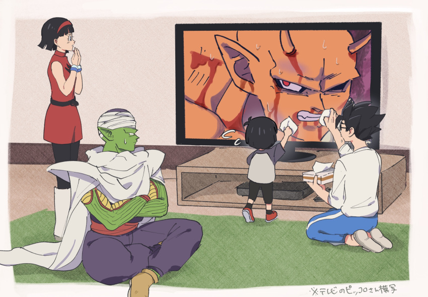 2boys, 2girls, antennae, arm_up, black_hair, black_pants, black_pantyhose, black_socks
