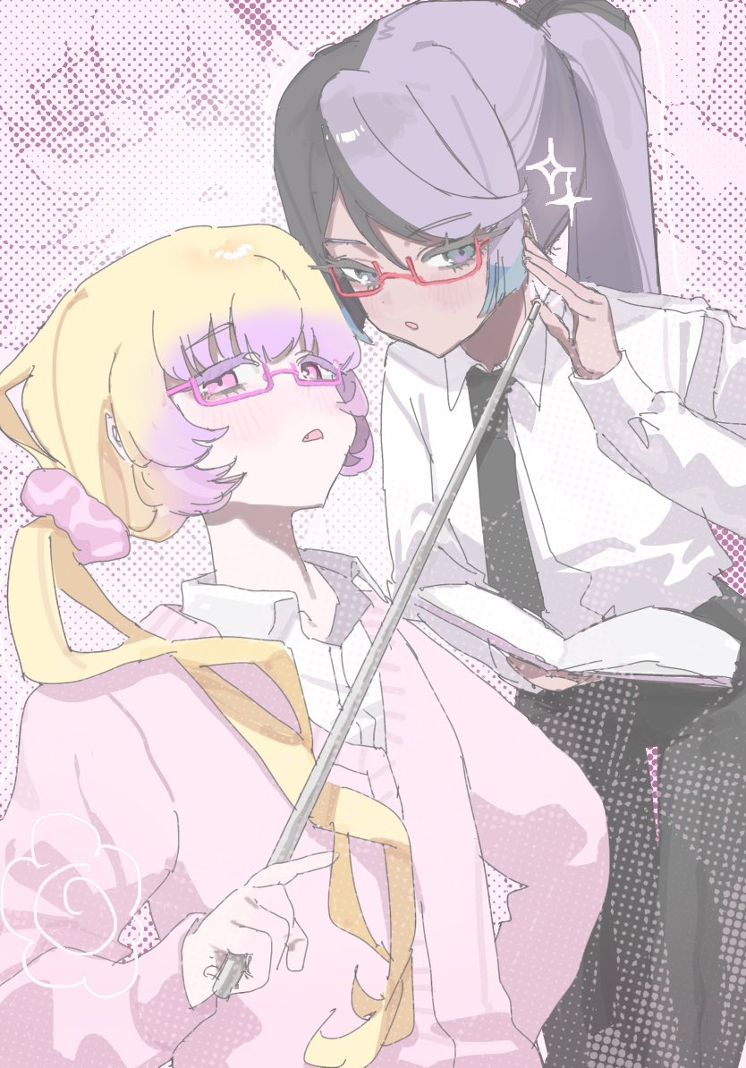 2girls, alternate_costume, alternate_hairstyle, bespectacled, black_hair, black_necktie, black_pants, blonde_hair