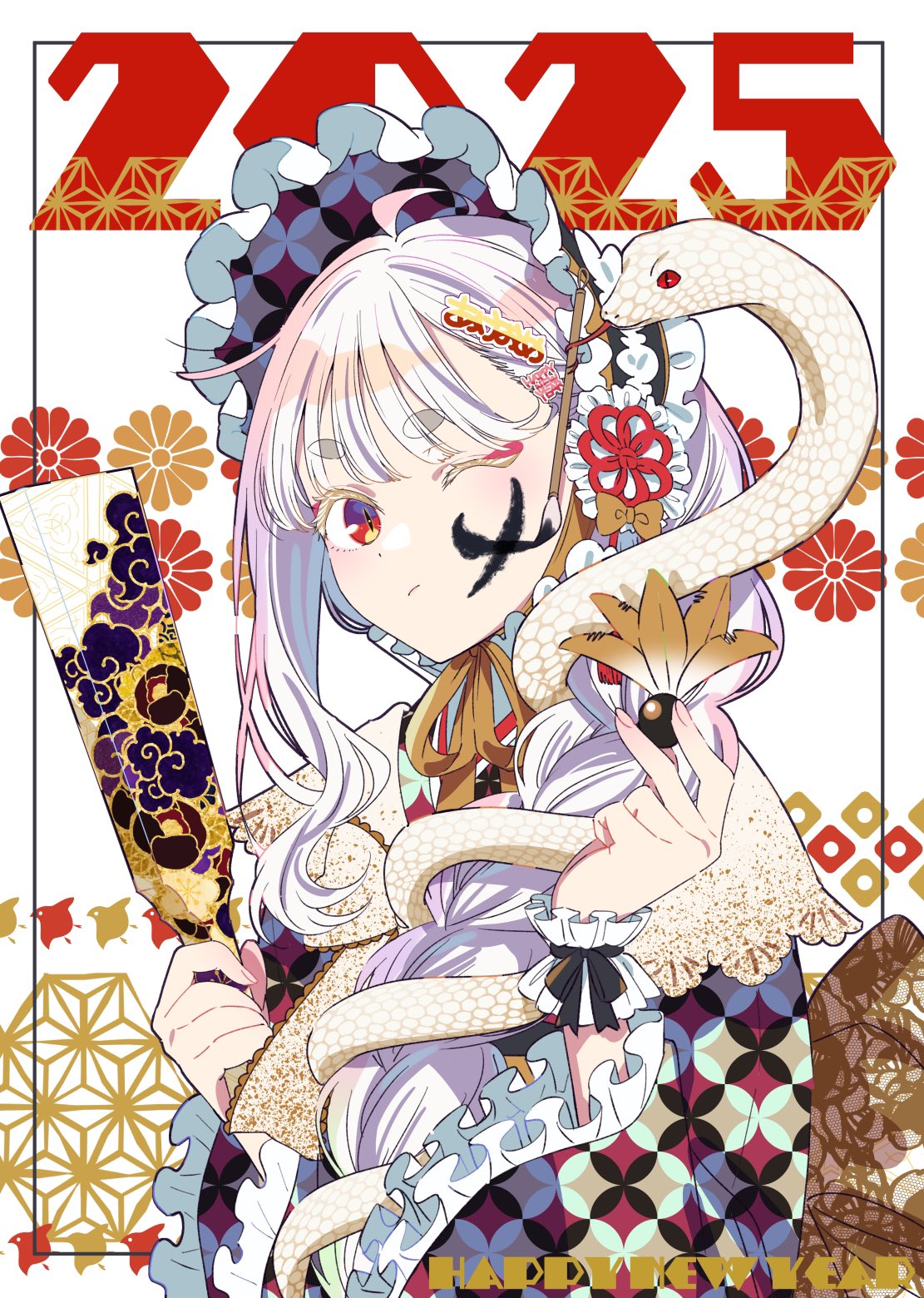 1girl, 2025, ;(, akeome, ball, bonnet, bow, braid