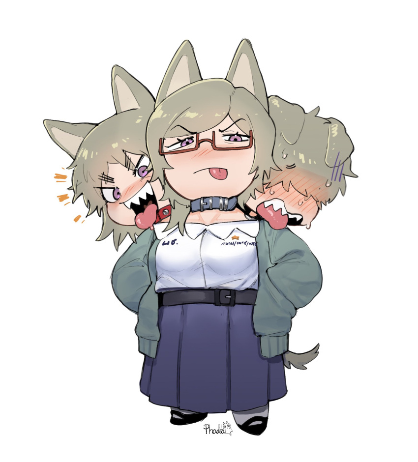 1girl, animal_ears, blush, brown_hair, cerberus, collar, conjoined, dog_ears