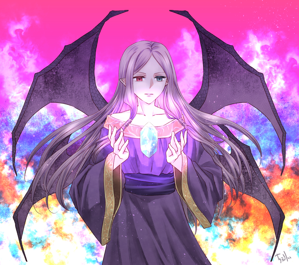 1girl, aura, blue_gemstone, cheryi, colorful_background, cowboy_shot, dragon_girl, dragon_wings