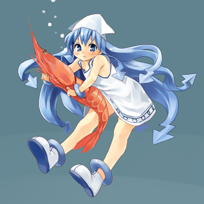 blue_eyes, blue_hair, breath_hold, dress, hat, highres, holding_breath, ikamusume