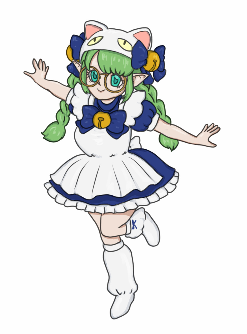 1girl, alternate_costume, animal_hands, animal_hat, apron, bell, braid, cat_hat