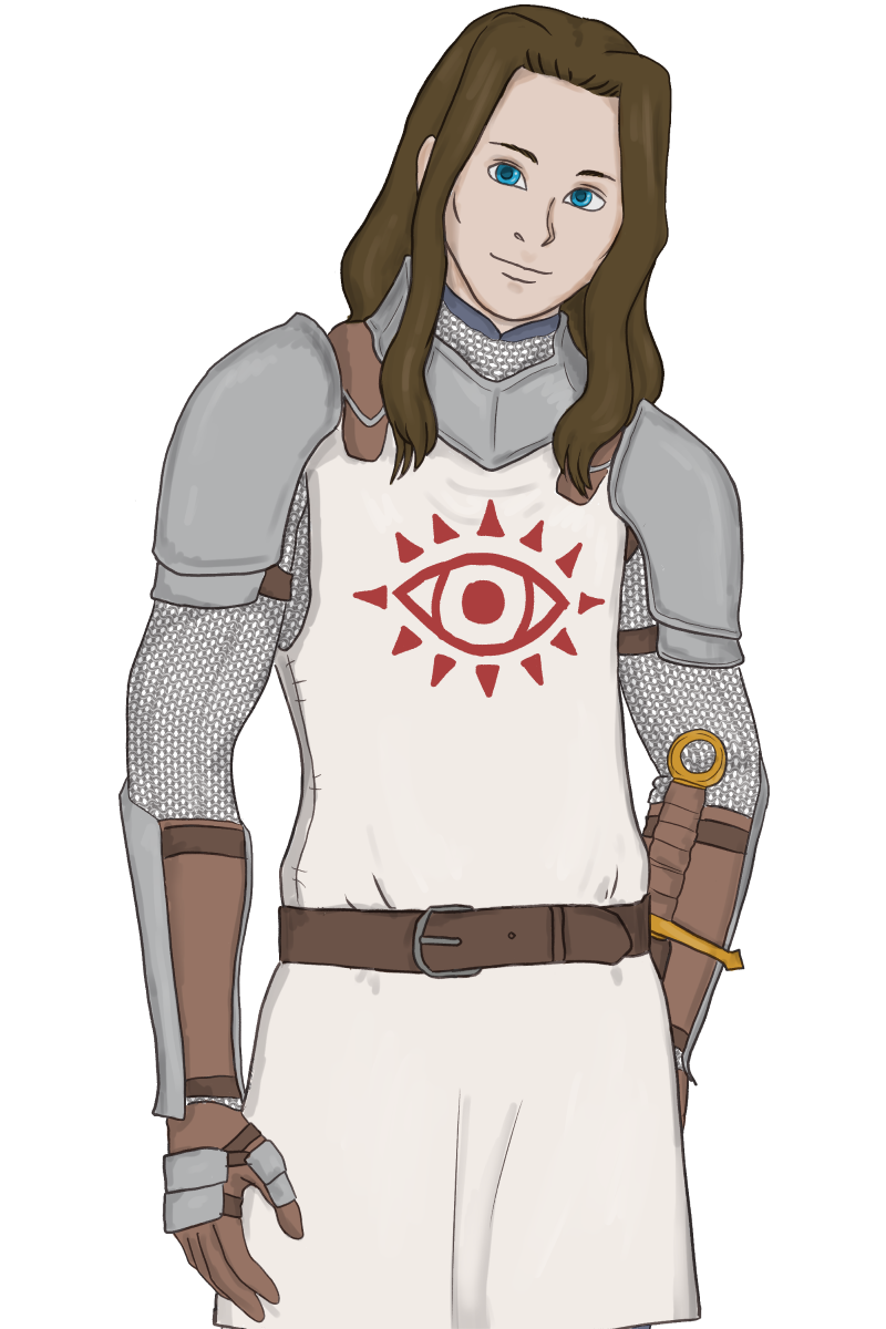 1boy, armor, belt, blue_eyes, brown_hair, chainmail, eye_symbol, gauntlets