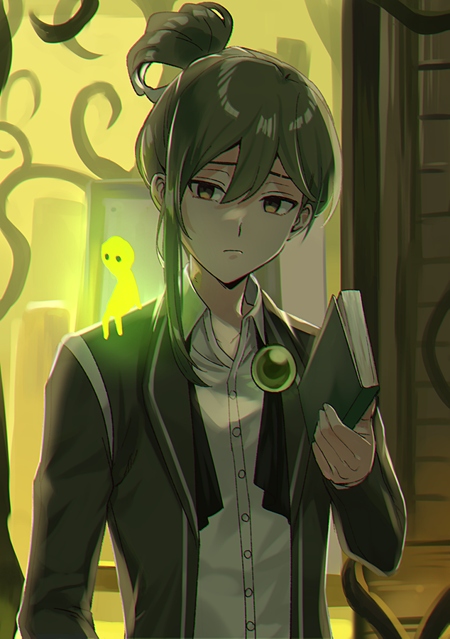 1boy, arm_at_side, ascot, book, brown_eyes, buttons, closed_mouth, dress_shirt