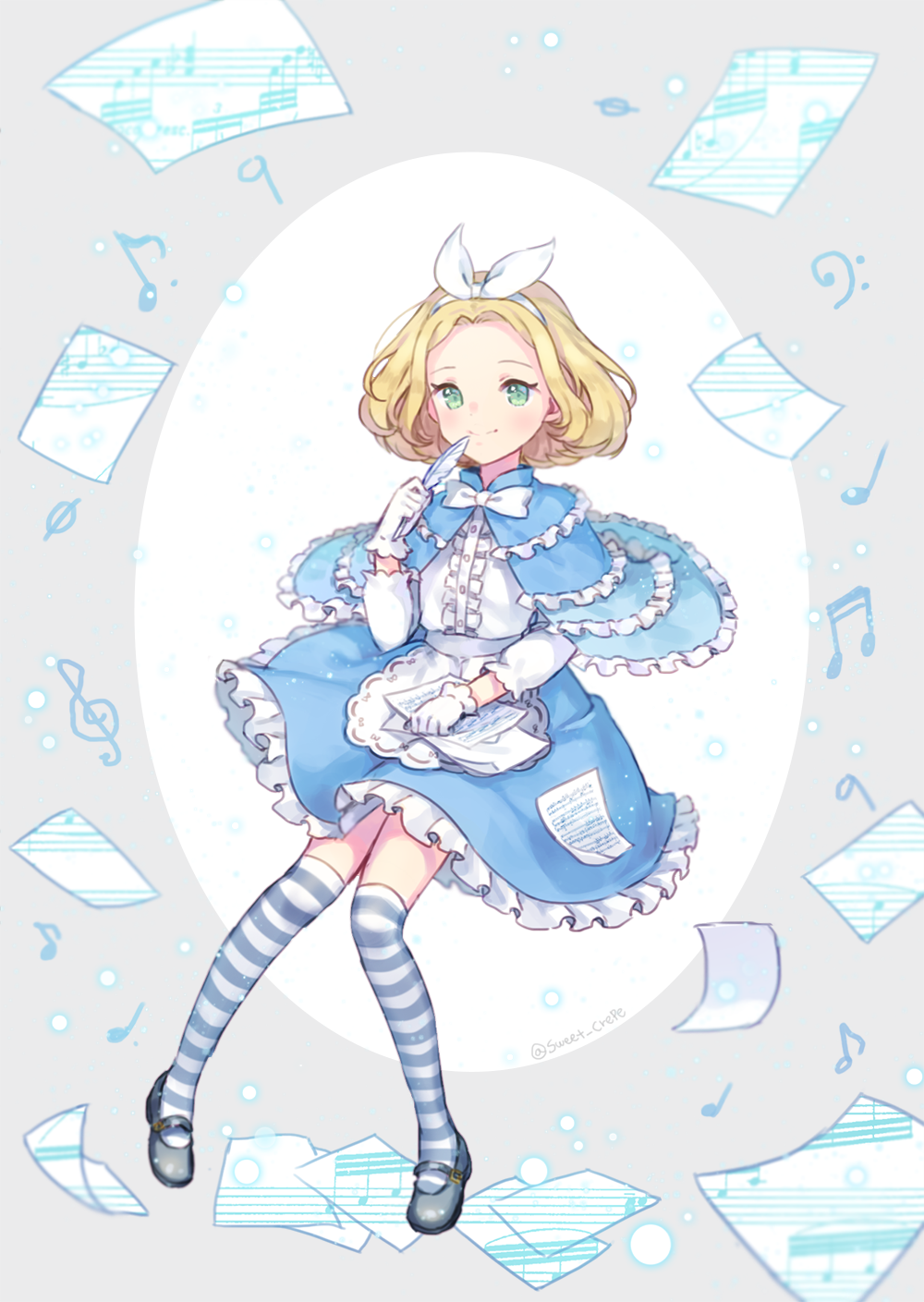 1girl, blue_capelet, blue_skirt, bow_hairband, capelet, center_frills, classicaloid, eighth_note