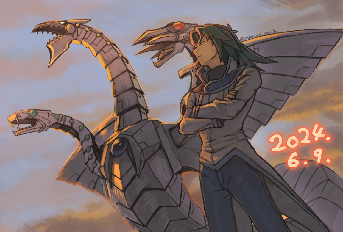 1boy, character_request, check_character, crossed_arms, cyber_dragon_infinity, dated, duel_monster, fingernails, grey_jacket, jacket, long_hair, male_focus, marufuji_ryo, moiko, outdoors, pants, sharp_teeth, teeth, twitter_username, yu-gi-oh!, yu-gi-oh!_gx