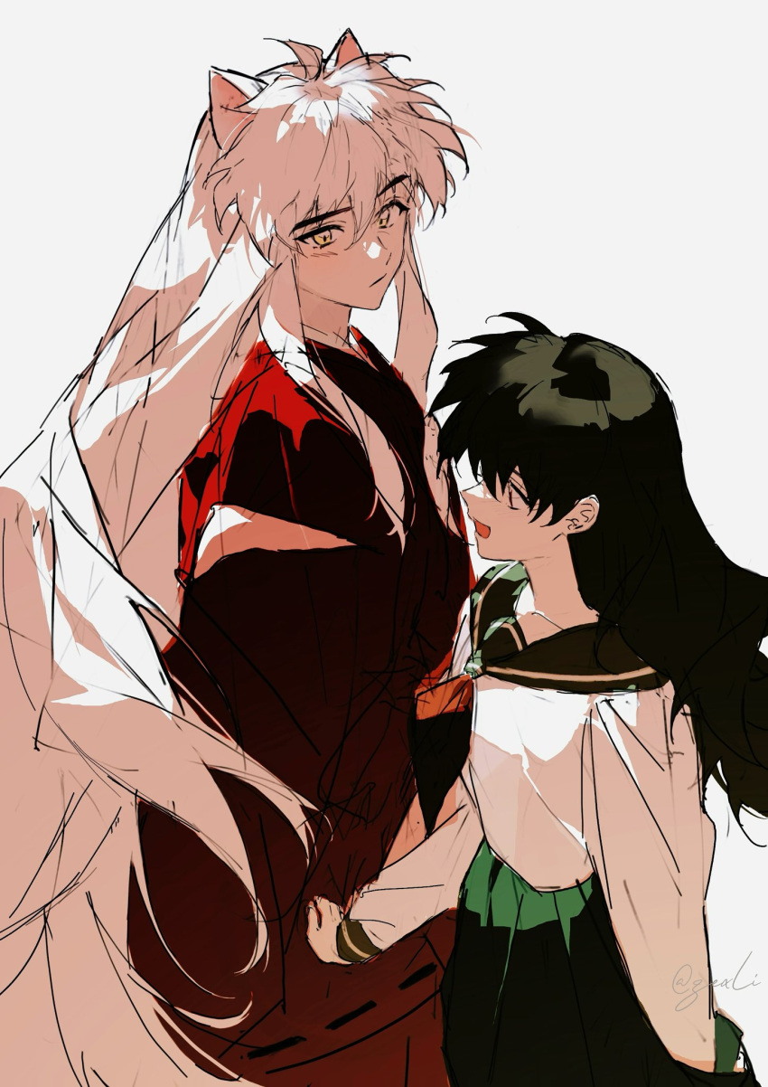 1boy, 1girl, animal_ears, black_hair, green_sailor_collar, green_skirt, hakama, highres, higurashi_kagome, inuyasha, inuyasha_(character), japanese_clothes, long_hair, open_mouth, raised_eyebrow, red_hakama, sailor_collar, school, school_uniform, serafuku, simple_background, skirt, very_long_hair, white_background, white_hair, wolf_ears, yellow_eyes, zexli_qiu