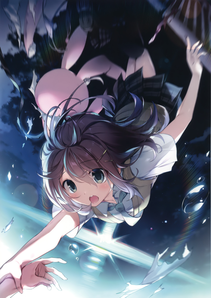 1girl, 1other, =_hair_ornament, absurdres, blue_necktie, brown_hair, clouds, collared_shirt
