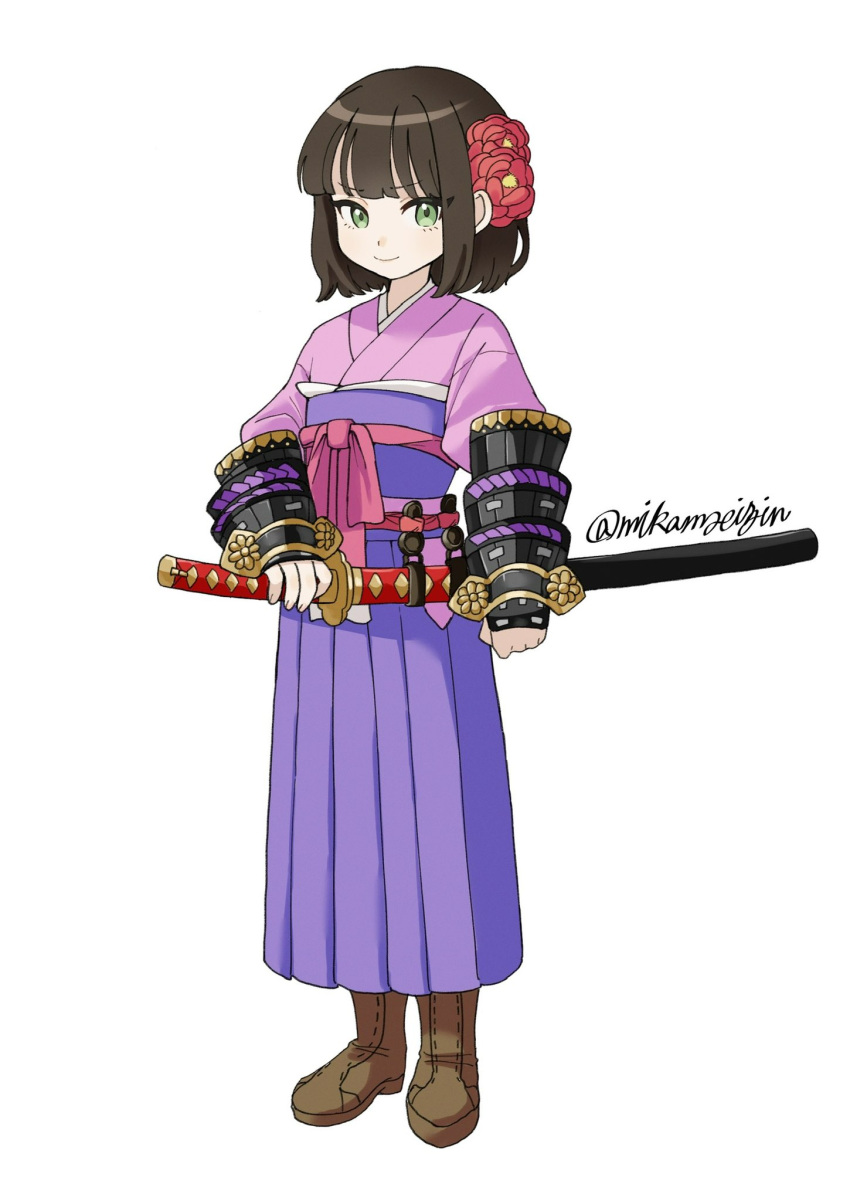 1girl, boots, brown_footwear, brown_hair, bushidou_(sekaiju), bushidou_4_(sekaiju), closed_mouth, flower, full_body, green_eyes, hair_flower, hair_ornament, highres, japanese_clothes, katana, kimono, long_skirt, mikamseizin, obi, pink_kimono, purple_skirt, sash, sekaiju_no_meikyuu, sekaiju_no_meikyuu_1, sheath, sheathed, short_hair, signature, simple_background, skirt, smile, solo, standing, sword, weapon, white_background