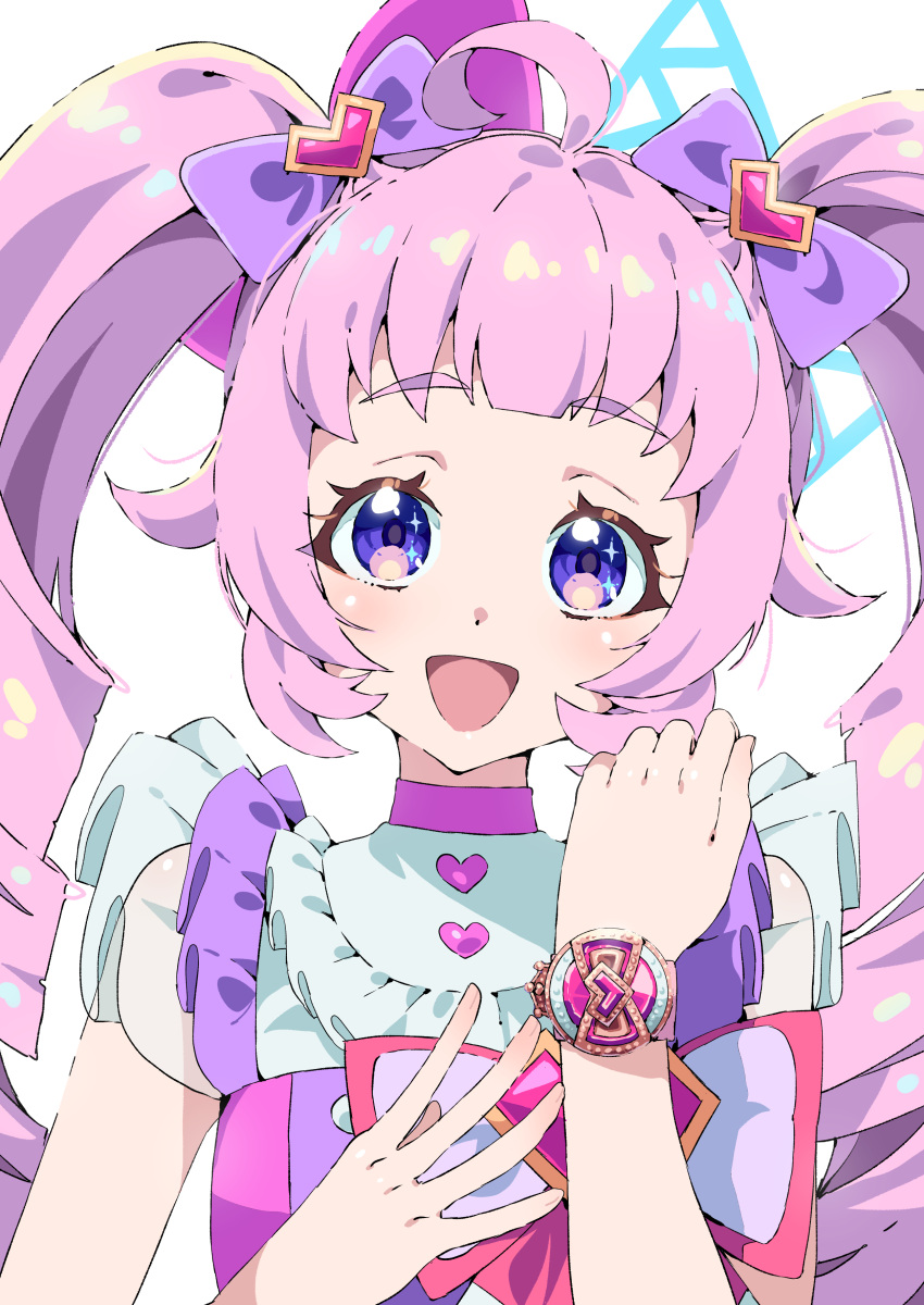 1girl, :d, absurdres, ahoge, aozora_himari, blunt_bangs, bow, commentary_request