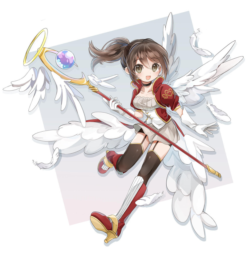 1girl, :d, arm_at_side, bad_source, black_choker, black_thighhighs, boots, border, borrowed_character, breasts, bridal_garter, brown_hair, bustier, cape, choker, collarbone, commission, dot_nose, double-parted_bangs, drop_shadow, elbow_gloves, falling_feathers, feathers, full_body, gloves, gradient_background, grey_background, grey_eyes, grey_skirt, hand_up, heart, heart_print, high_heel_boots, high_heels, highres, holding, holding_staff, jacket, knee_up, long_hair, lopsided_border, open_clothes, open_jacket, open_mouth, original, outside_border, pigeon-toed, ponytail, print_sleeves, puffy_short_sleeves, puffy_sleeves, red_footwear, red_jacket, second-party_source, shedding, shedding_feathers, shirt, short-sleeved_jacket, short_sleeves, skirt, small_breasts, smile, solo, staff, thigh-highs, white_border, white_bustier, white_cape, white_feathers, white_gloves, white_shirt, white_wings, wing_print, wings, yellow_trim, yukichi_0529