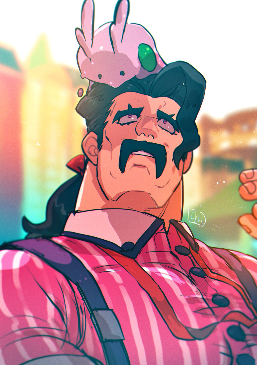 amu_(omoro3bot), black_hair, blurry, blurry_background, bow, buttons, cropped_arms, facial_hair