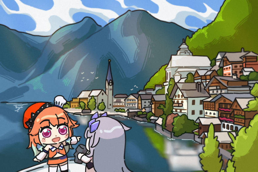 2girls, austria, bing_huyue, blush_stickers, building, chef_hat, chibi, church, circlet, detached_sleeves, earrings, english_commentary, feather_earrings, feathers, gem, gem_hair_ornament, gradient_hair, hair_flaps, hallstatt, hat, highres, hololive, hololive_english, jewelry, koseki_bijou, koseki_bijou_(1st_costume), lake, long_hair, moai, moai_(koseki_bijou), mountain, multicolored_hair, multiple_girls, multiple_hats, open_mouth, orange_hair, orange_hat, pointing, purple_gemstone, purple_hair, real_world_location, scenery, simple_bird, socks, takanashi_kiara, takanashi_kiara_(1st_costume), violet_eyes, virtual_youtuber, white_socks