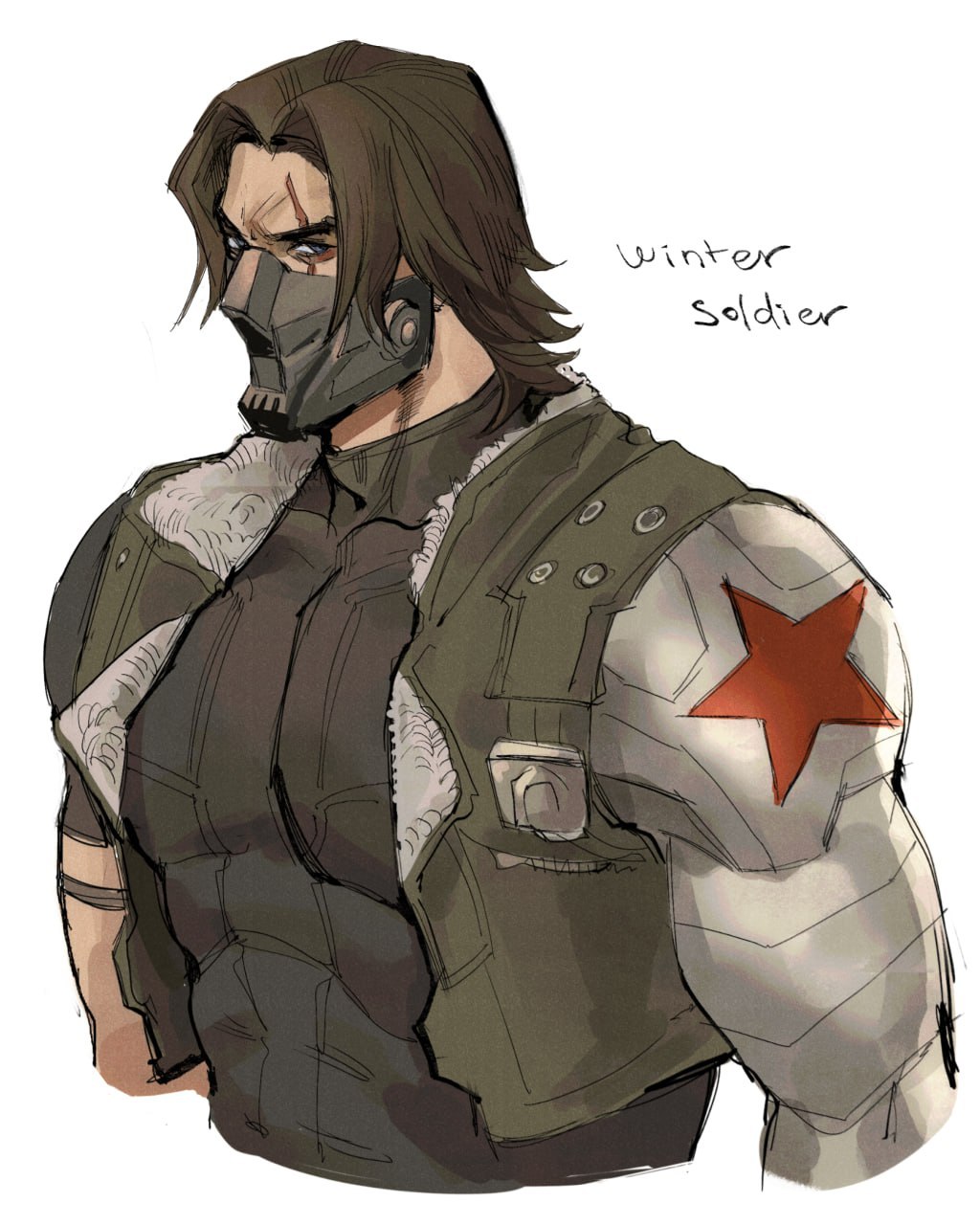 1boy, black_shirt, blue_eyes, broad_shoulders, brown_hair, green_vest, highres, james_buchanan_barnes, looking_at_viewer, male_focus, marvel, marvel_rivals, mask, medium_hair, mouth_mask, muscular, muscular_male, orbuz228, prosthesis, prosthetic_arm, red_star, scar, scar_across_eye, shirt, short_sleeves, simple_background, star_(symbol), upper_body, vest, white_background, winter_soldier