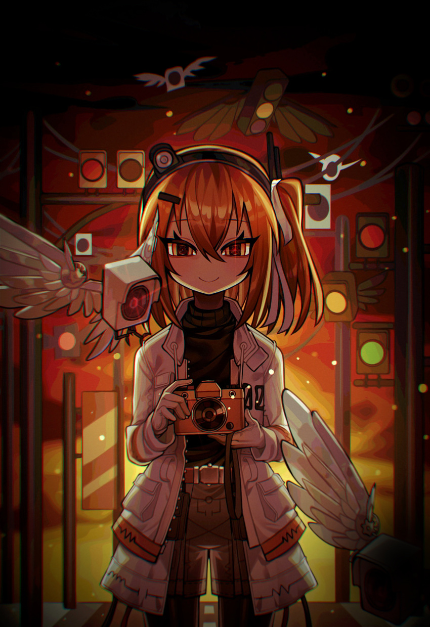 1girl, a.i._voice, adachi_rei, android, artificial_eye, black_shirt, blush, camera, cowboy_shot, gloves, glowing, glowing_eye, grey_shorts, hair_ornament, hairclip, half-closed_eyes, headlamp, highres, holding, holding_camera, jacket, kakosa_sama, lens_eye, light_particles, long_sleeves, looking_at_viewer, mechanical_eye, medium_hair, non-humanoid_robot, one_side_up, open_clothes, open_jacket, orange_background, orange_eyes, orange_hair, radio_antenna, red_pupils, robot, robot_animal, robot_bird, shirt, shorts, smile, solo, speaker, standing, straight-on, traffic_light, turtleneck, turtleneck_shirt, utau, white_gloves, white_jacket