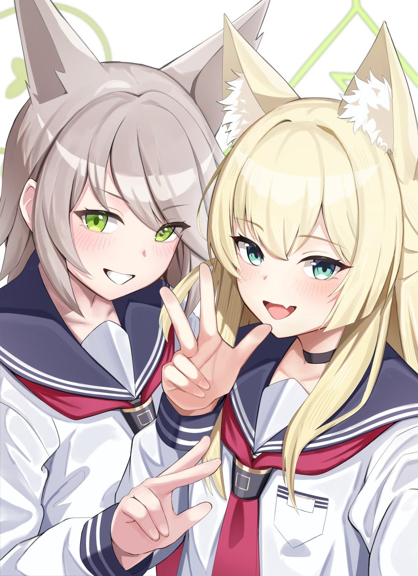 2girls, :d, absurdres, animal_ear_fluff, animal_ears, aqua_eyes, blonde_hair, blue_archive