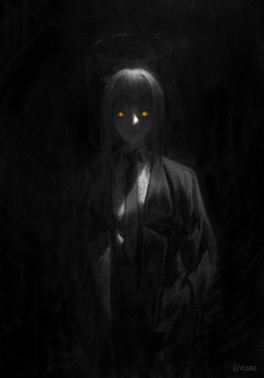 1girl, black_background, black_necktie, chainsaw_man, collared_shirt, english_commentary, greyscale, halo, hands_in_pockets, highres, long_hair, makima_(chainsaw_man), monochrome, necktie, office_lady, ringed_eyes, shirt, solo, straight-on, vey3st, yellow_eyes