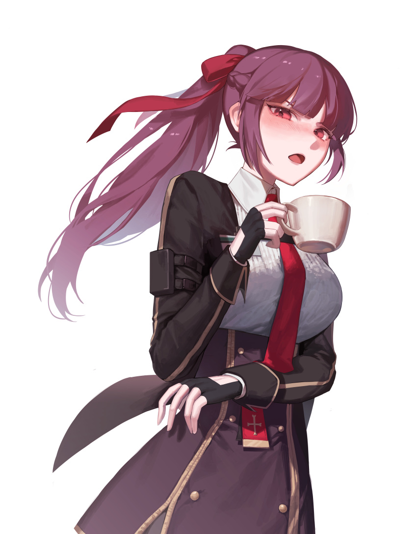 1girl, 2bmm2, absurdres, black_gloves, black_jacket, blush, breasts, collared_shirt, commentary, cup, fingerless_gloves, girls'_frontline_2:_exilium, girls_frontline, gloves, hair_ribbon, highres, holding, holding_cup, id_card, jacket, long_hair, looking_at_viewer, makiatto_(girls'_frontline_2), necktie, open_clothes, open_jacket, open_mouth, ponytail, purple_hair, red_eyes, red_necktie, red_ribbon, ribbon, shirt, simple_background, solo, wa2000_(girls'_frontline), white_background, white_shirt