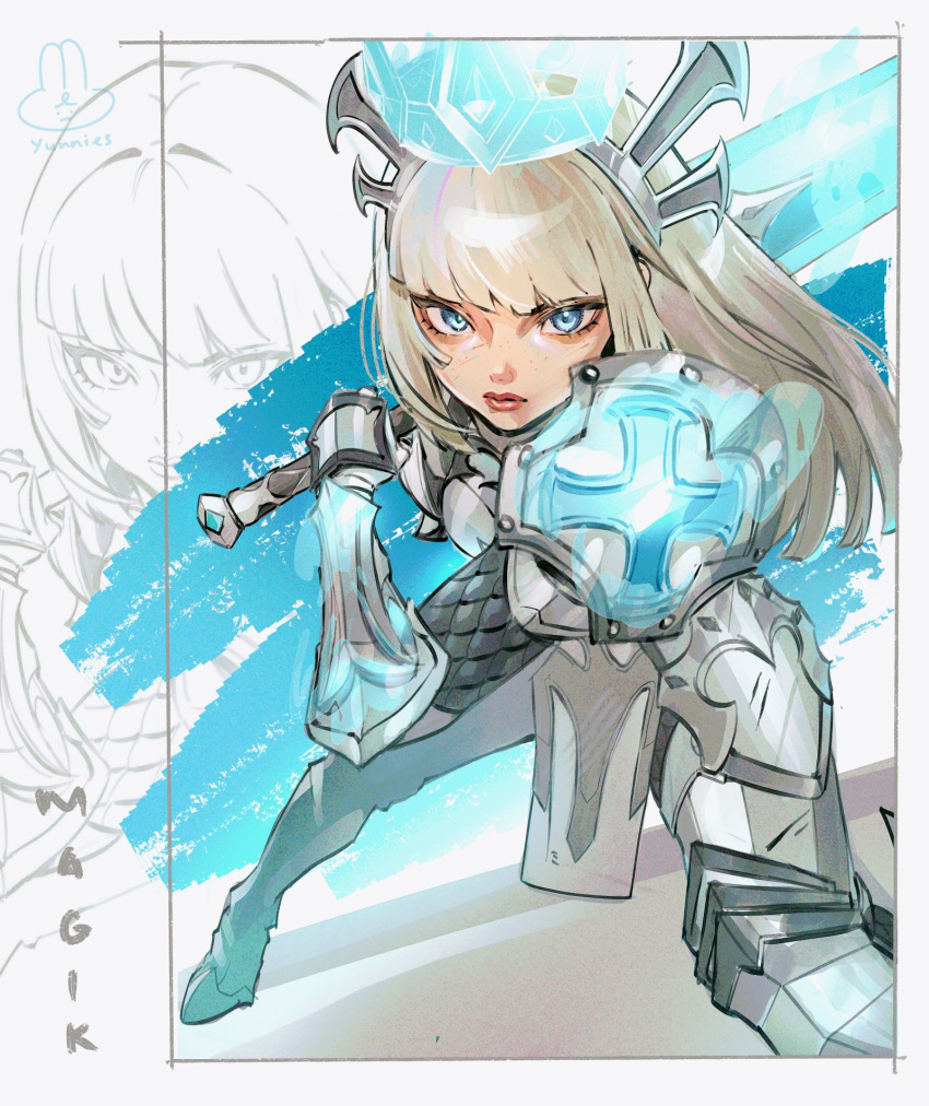 1girl, armor, blonde_hair, blue_eyes, commentary, cross, crown, english_commentary, gauntlets, greaves, highres, hime_cut, holding, holding_sword, holding_weapon, illyana_rasputina, long_hair, looking_at_viewer, magik_(x-men), marvel, marvel_rivals, shoulder_armor, solo, sword, weapon, x-men, yunny_(cureyunny)