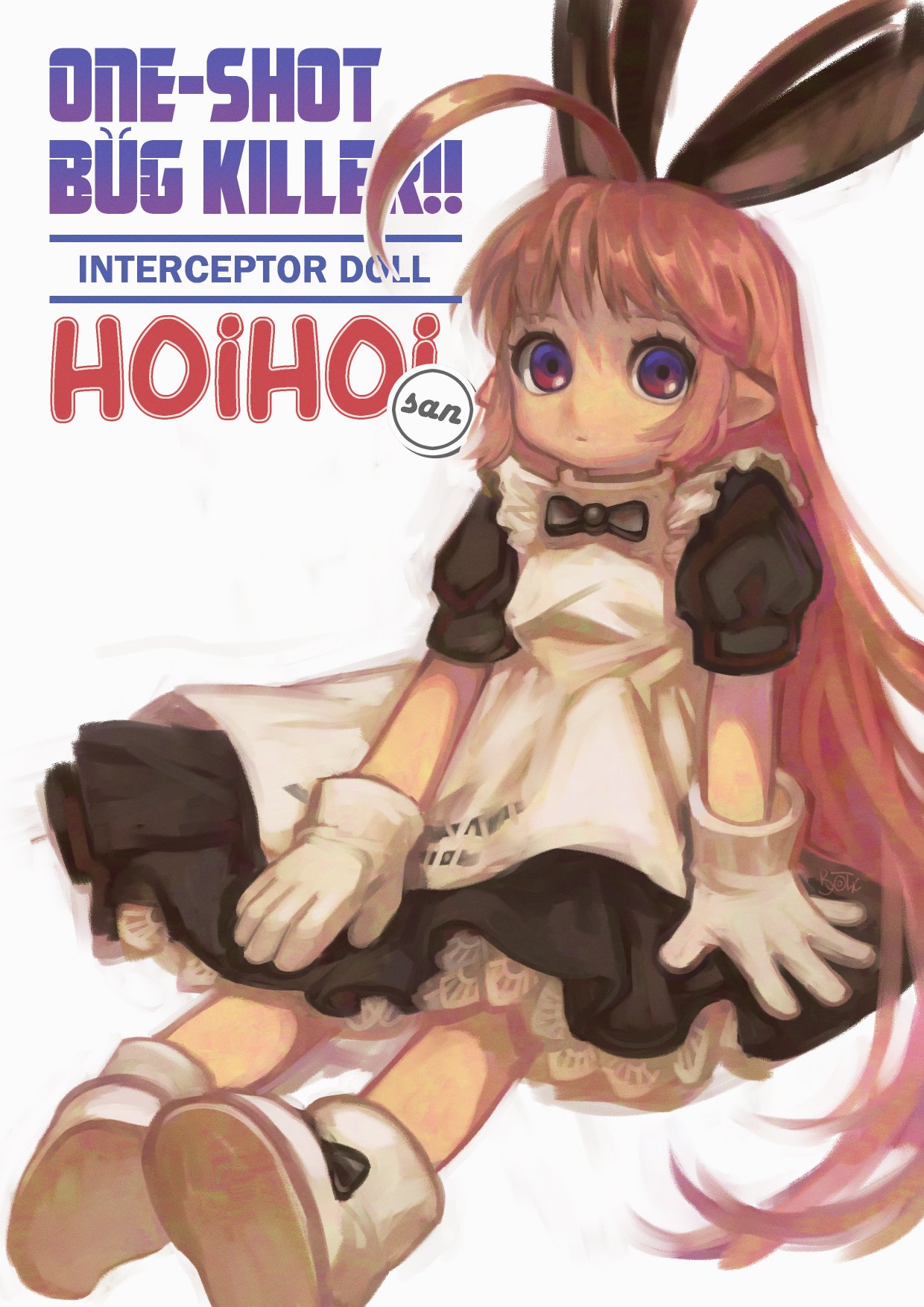 1girl, ahoge, alt_text, animal_ears, apron, arm_support, black_bow, black_bowtie, black_dress, boots, bow, bowtie, closed_mouth, copyright_name, dress, english_commentary, english_text, expressionless, fake_animal_ears, footwear_bow, full_body, gloves, gradient_eyes, hand_on_own_thigh, highres, hoihoi-san, huge_ahoge, ichigeki_sacchuu!!_hoihoi-san, long_hair, maid, maid_apron, mars_(rotyolk), mixed-language_commentary, multicolored_eyes, pink_hair, pointy_ears, puffy_short_sleeves, puffy_sleeves, rabbit_ears, red_eyes, russian_commentary, short_sleeves, simple_background, sitting, solo, very_long_hair, violet_eyes, white_apron, white_background, white_footwear, white_gloves