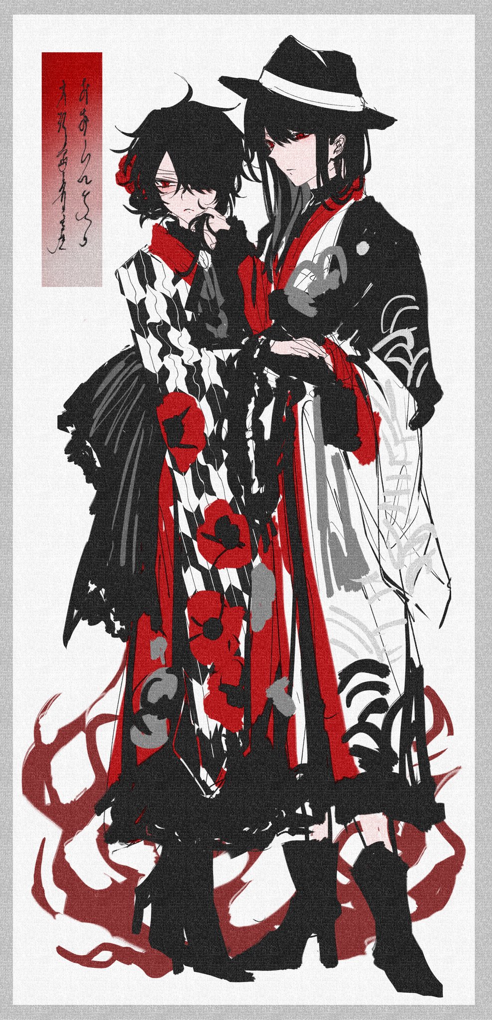 2girls, alternate_costume, black_footwear, black_hair, boots, clothing_request, eyepatch, full_body