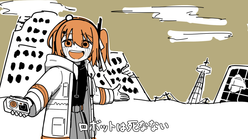 1girl, a.i._voice, adachi_rei, belt, blush, brown_sky, building, cassette_player, clouds, colored_tongue, cowboy_shot, gloves, gomashio_lettuce, headlamp, headphones, highres, holding, hood, hood_down, hooded_jacket, ikemen_wa_shinanai_(meme), jacket, long_sleeves, looking_at_viewer, meme, netsu_ijou_(utau), one_side_up, open_clothes, open_jacket, open_mouth, orange_eyes, orange_hair, orange_tongue, outdoors, outstretched_arms, parody, partially_colored, pleated_skirt, post-apocalypse, radio_antenna, ruins, sharktopus_vs._pteracuda, shirt, shirt_tucked_in, short_hair, skirt, smile, solo, spread_arms, standing, subtitled, tower, translated, turtleneck, turtleneck_shirt, utau