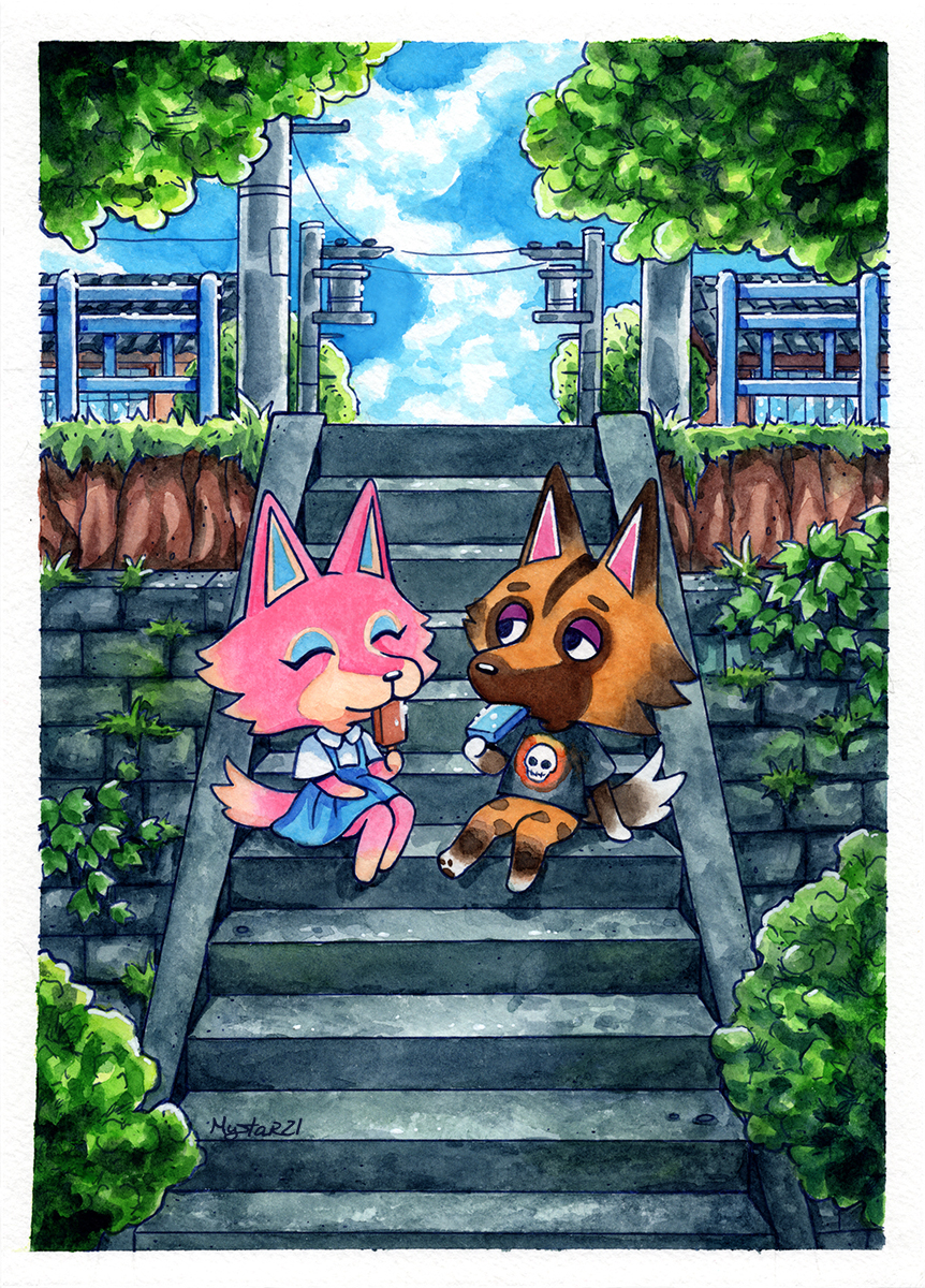 1boy, 1girl, animal_crossing, artist_name, black_eyes, black_shirt, blue_dress, blue_eyeshadow