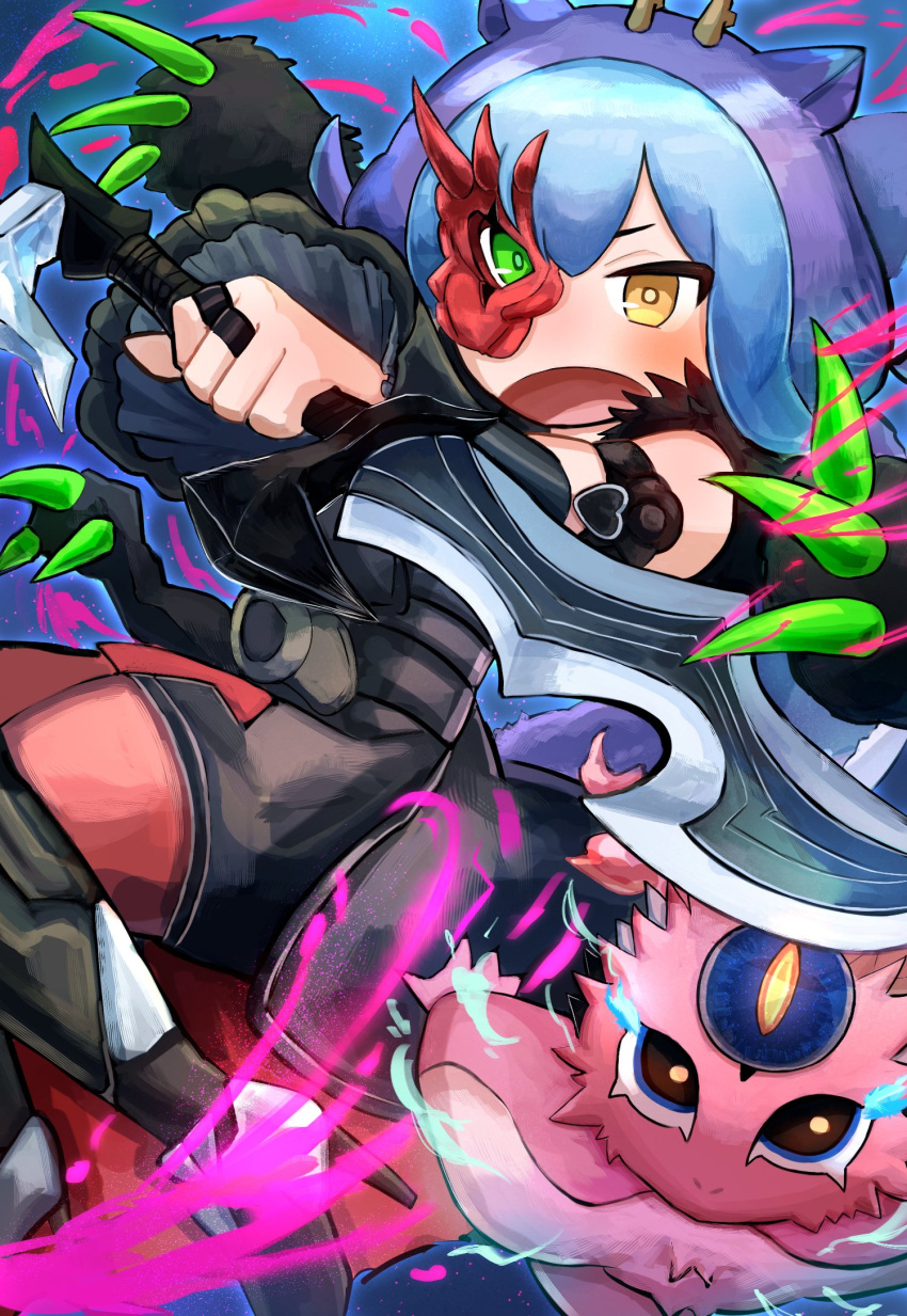 1girl, bare_shoulders, black_dress, blue_hair, cosplay, dagger, diabellstar_the_black_witch, diabellstar_the_black_witch_(cosplay)