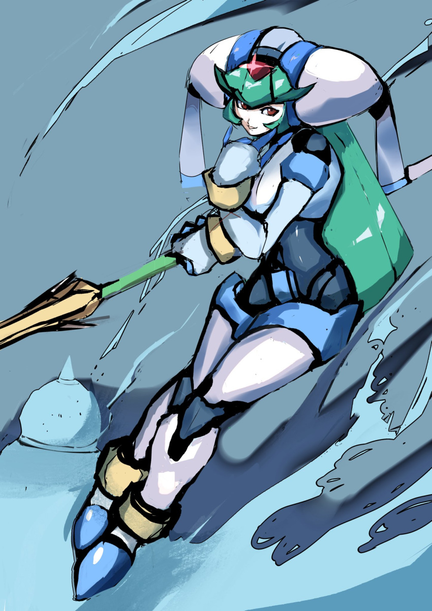 1girl, armor, full_body, green_hair, helmet, highres, holding, holding_staff