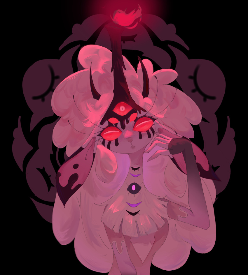 1girl, 3470180339, belphegor_(helluva_boss), demon_girl, demon_horns, dress, extra_eyes, furry, furry_female, helluva_boss, highres, horns, pink_dress, sheep_girl, solo, wool