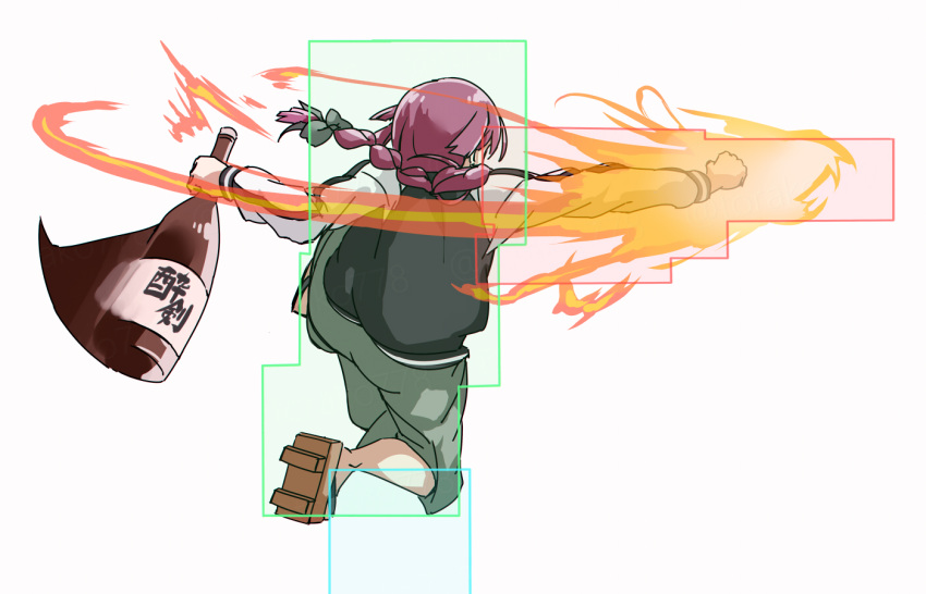 1girl, black_jacket, bocchi_the_rock!, bottle, braid, clenched_hand, dress, fighting_game