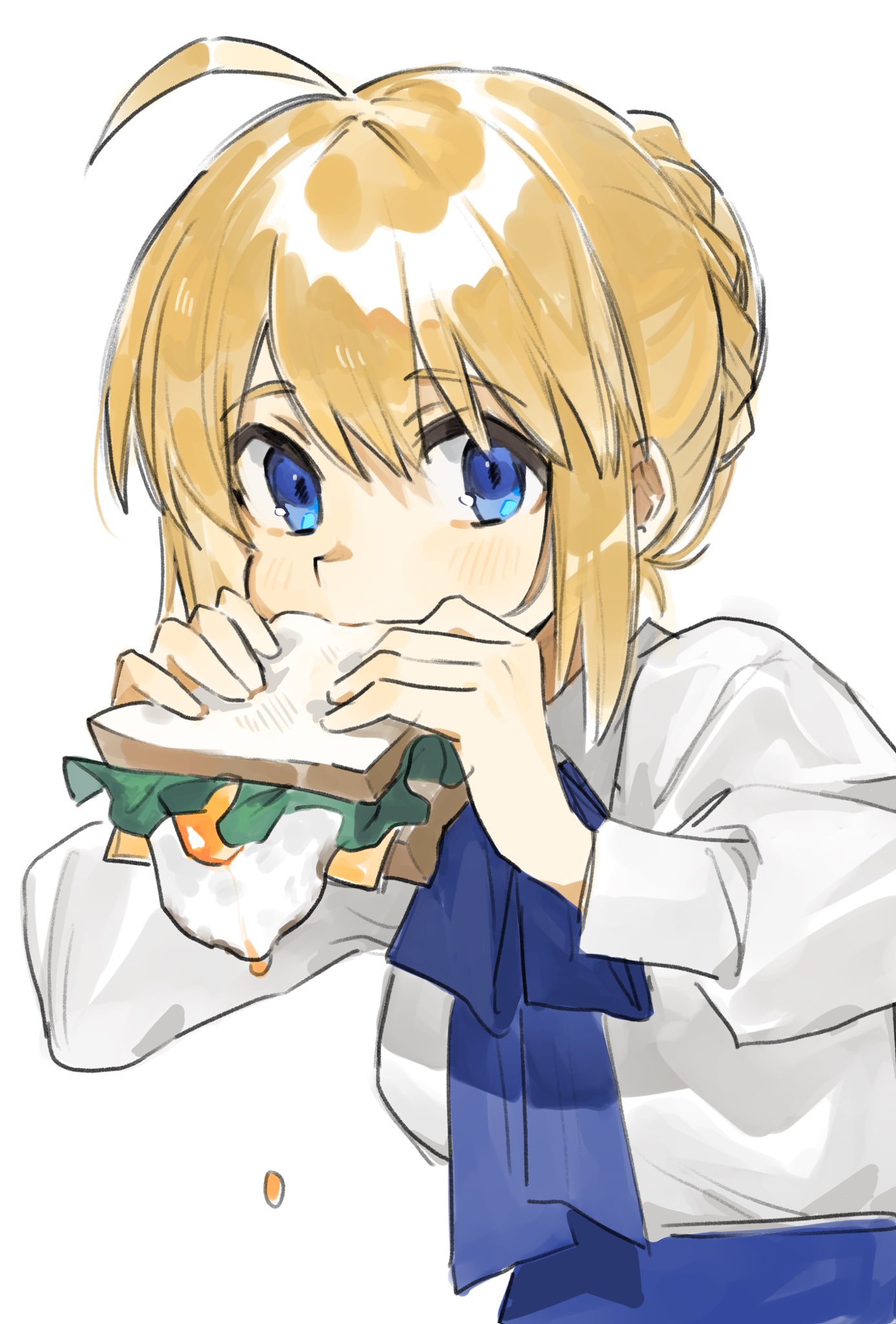 1girl, ahoge, alternate_eye_color, artoria_pendragon_(fate), ascot, blue_ascot, eating, fate/stay_night