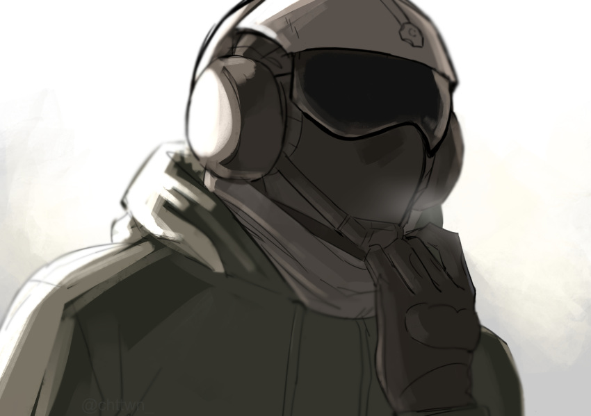 1boy, arm_up, assault_visor, black_gloves, black_headphones, black_hoodie, breath, chttwn