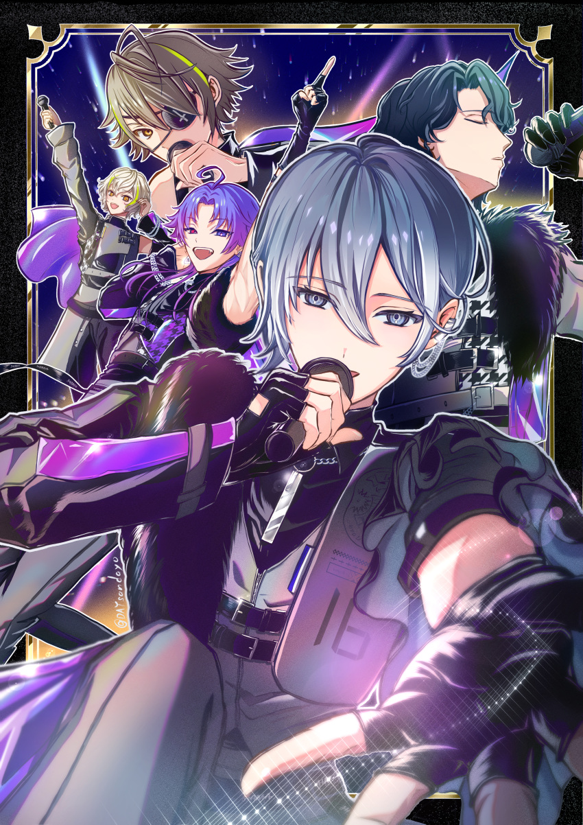 18trip, 5boys, absurdres, ahoge, arm_up, black_gloves, black_hair, black_jacket
