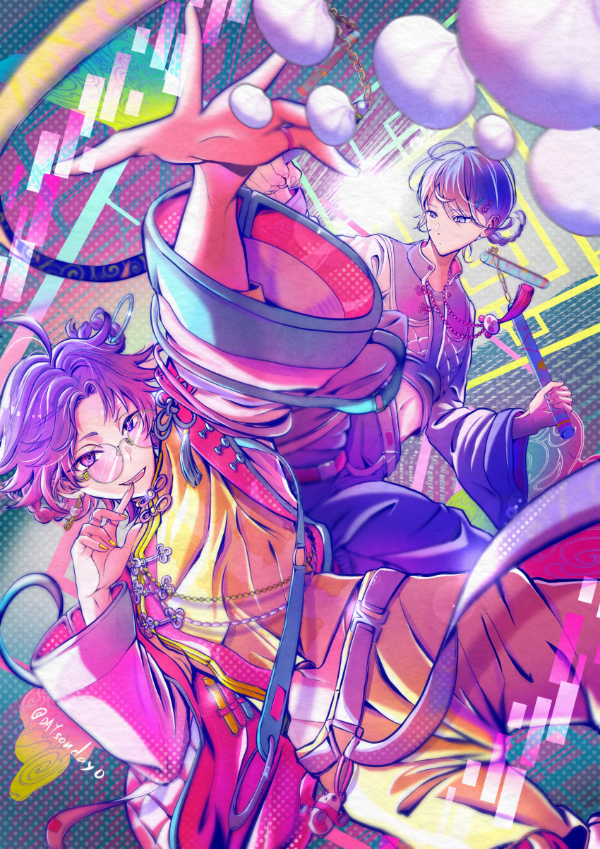 18trip, 2boys, ahoge, baozi, belt, braid, chinese_clothes, daysandayo