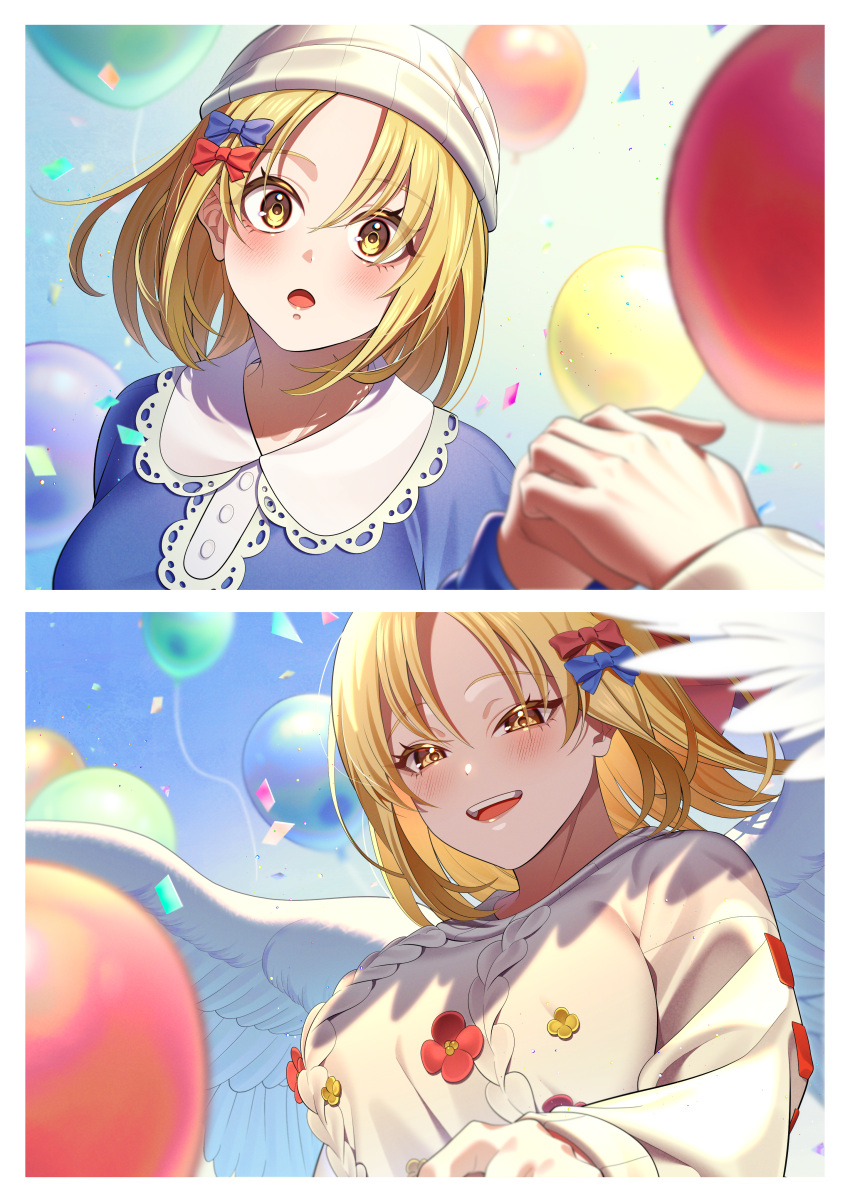 2girls, :d, absurdres, adapted_costume, angel_wings, balloon, blonde_hair, breasts