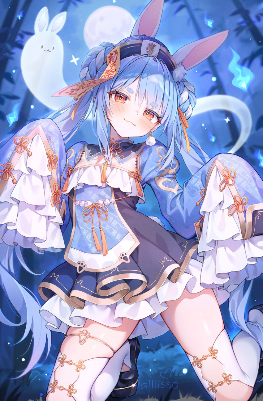 1girl, :3, alllisso, animal_ears, blue_dress, closed_mouth, dress, frilled_dress, frills, highres, hololive, long_hair, looking_at_viewer, official_alternate_costume, orange_eyes, pekomon_(usada_pekora), rabbit_ears, rabbit_girl, short_eyebrows, sleeves_past_fingers, sleeves_past_wrists, smile, solo, thigh-highs, twintails, usada_pekora, usada_pekora_(10th_costume), very_long_hair, virtual_youtuber, white_thighhighs