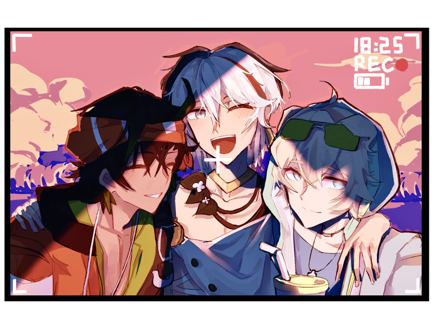 3boys, absurdres, ahoge, animal_ears, arknights, bandana, battery_indicator, bird_boy