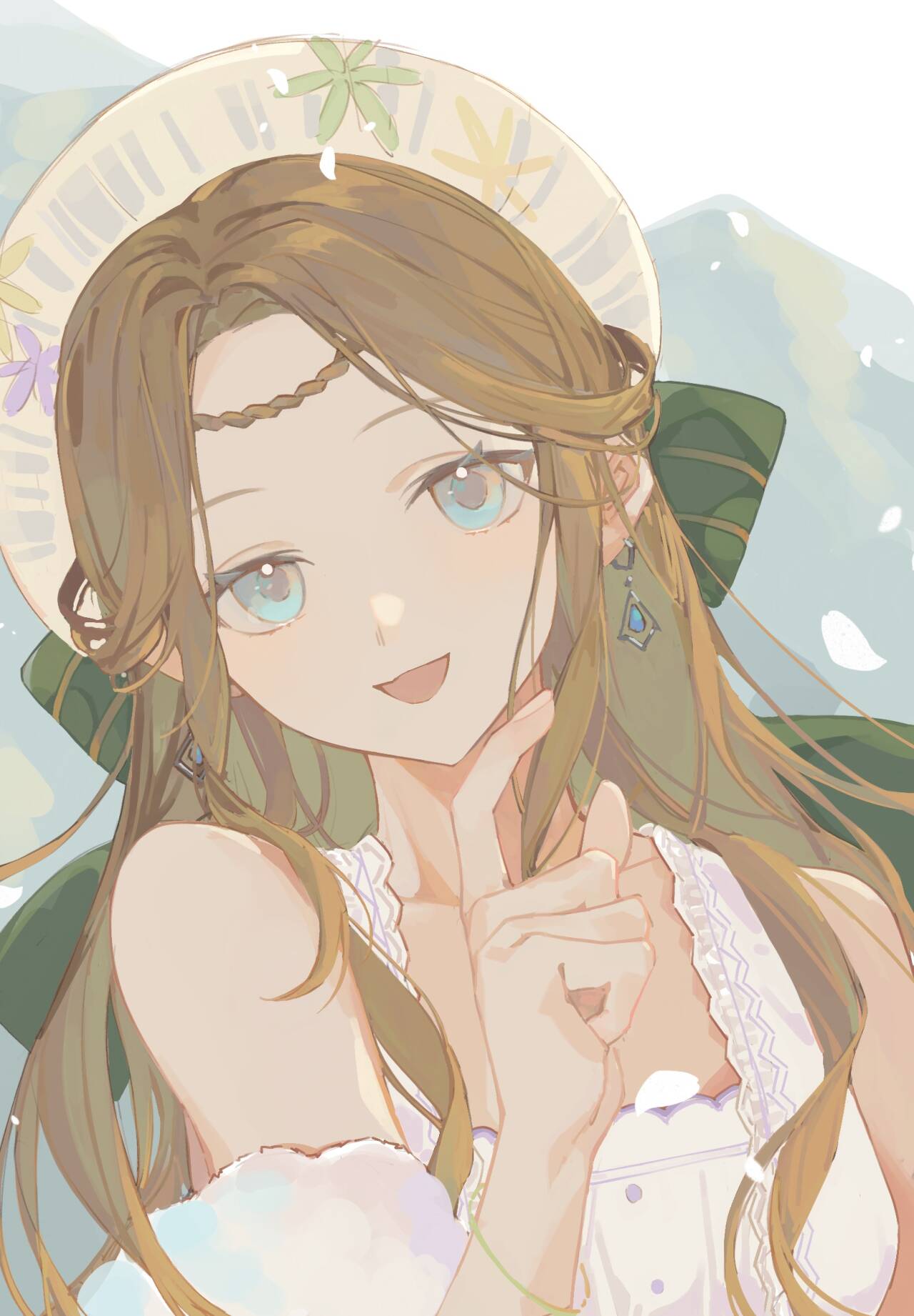 1girl, blue_background, blue_eyes, bow, bracelet, braid, buttons, earrings, eyelashes, fingernails, frilled_tank_top, fur_shawl, gold_bracelet, green_bow, hair_bow, hand_up, hat, head_tilt, highres, infinity_nikki, jewelry, looking_at_viewer, nikki_(series), open_mouth, petals, shawl, single_braid, smile, solo, striped_bow, tank_top, two-tone_background, upper_body, virno, white_background, white_hat, white_shawl, white_tank_top